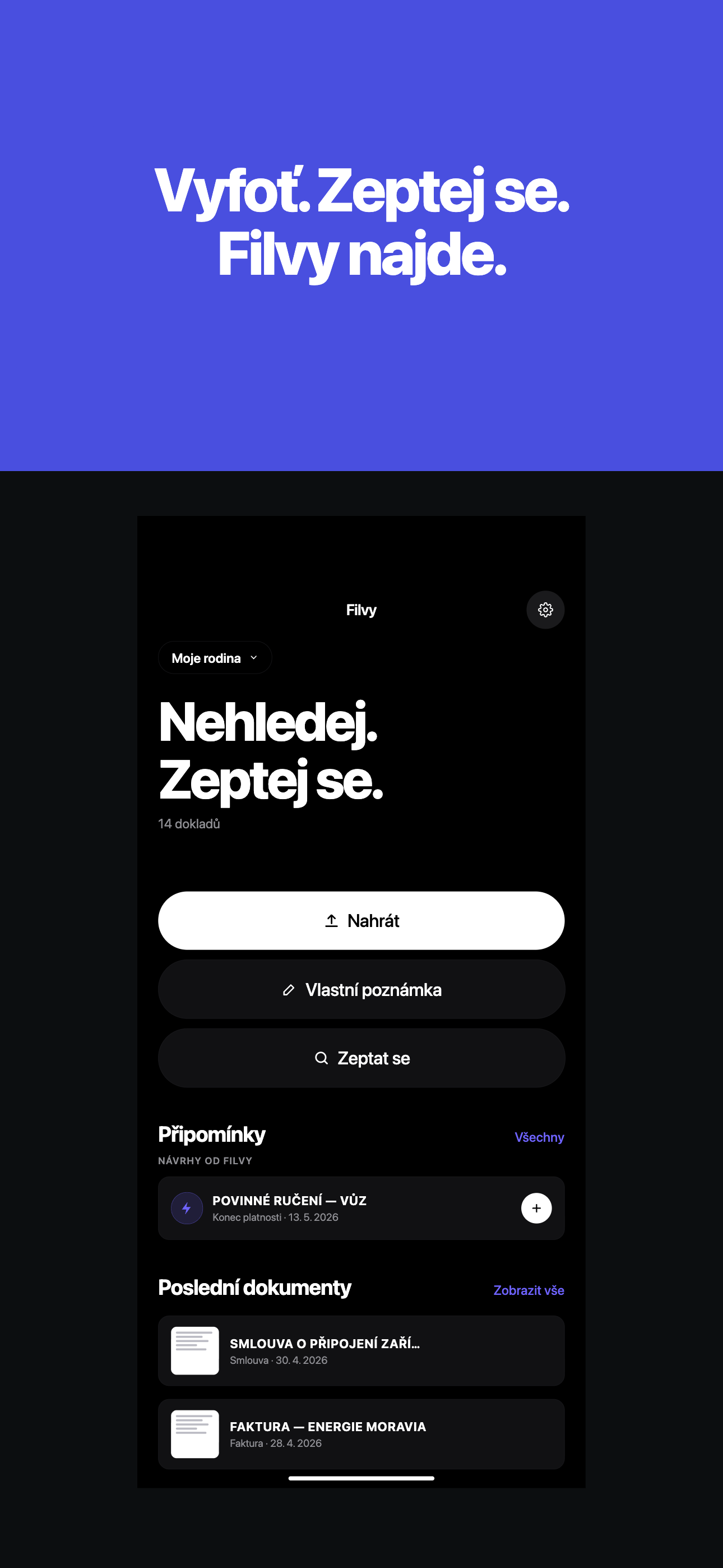 Domovská obrazovka Filvy s trezorem a tlačítky Nahrát, Vlastní poznámka, Zeptat se.