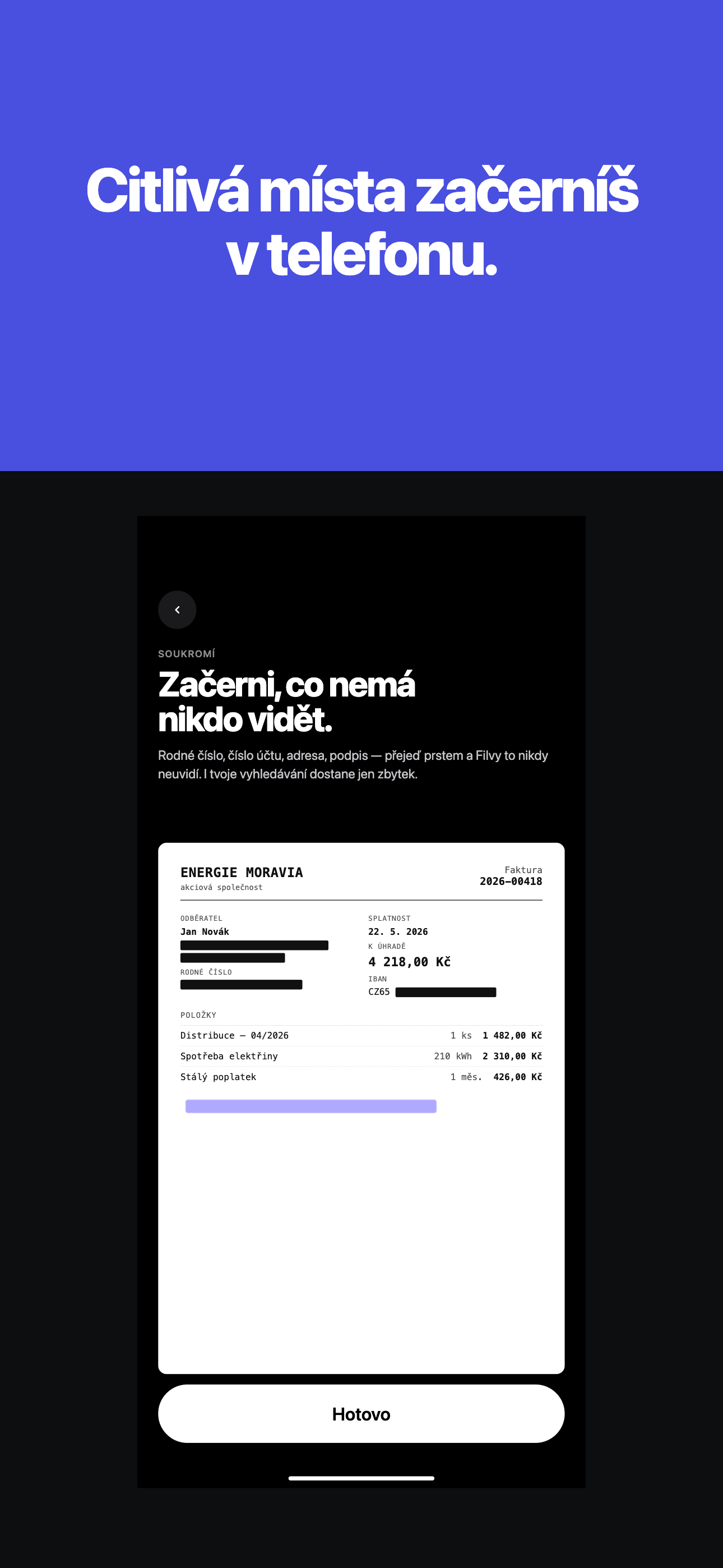 Začerni rodné číslo, IBAN nebo adresu prstem — Filvy je neuvidí.